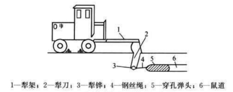 图4鼠道犁构造及作业示意图